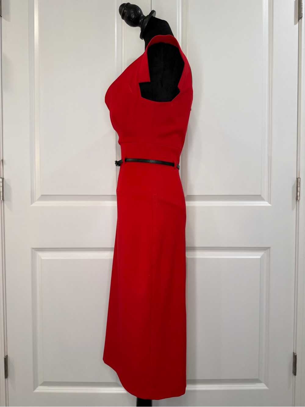 Black Halo Red Midi Sheath Dress with Slim Black Belt Size 2 - Picture 6 of 16
